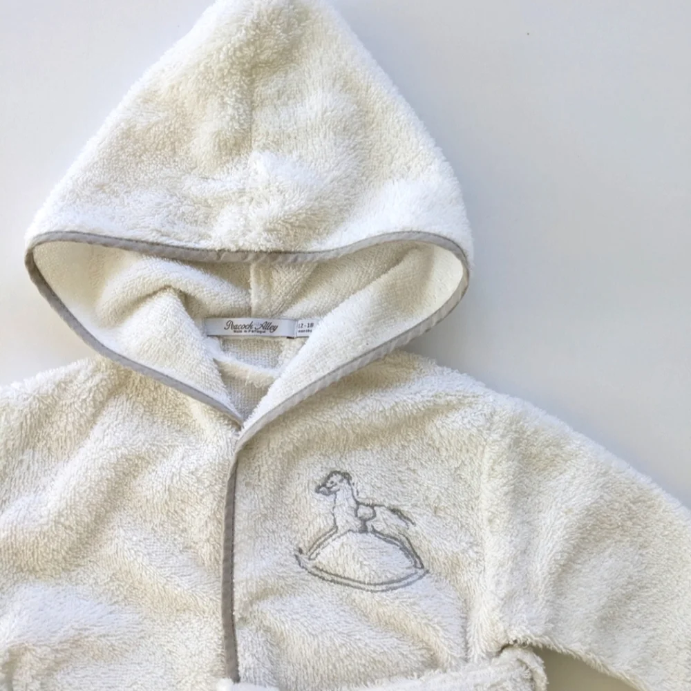 Peacock Alley Plush Bath Robe with Embroidered Rocking Horse and Gray Trim